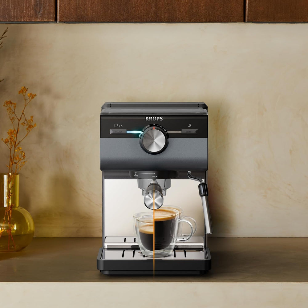 Machine à expresso KRUPS Authentic+, 15 bars, commande intuitive, design sophistiqué, buse vapeur, accessoires étendus inclus, Bullet Dark silver/Acier inoxydable, XP384G10