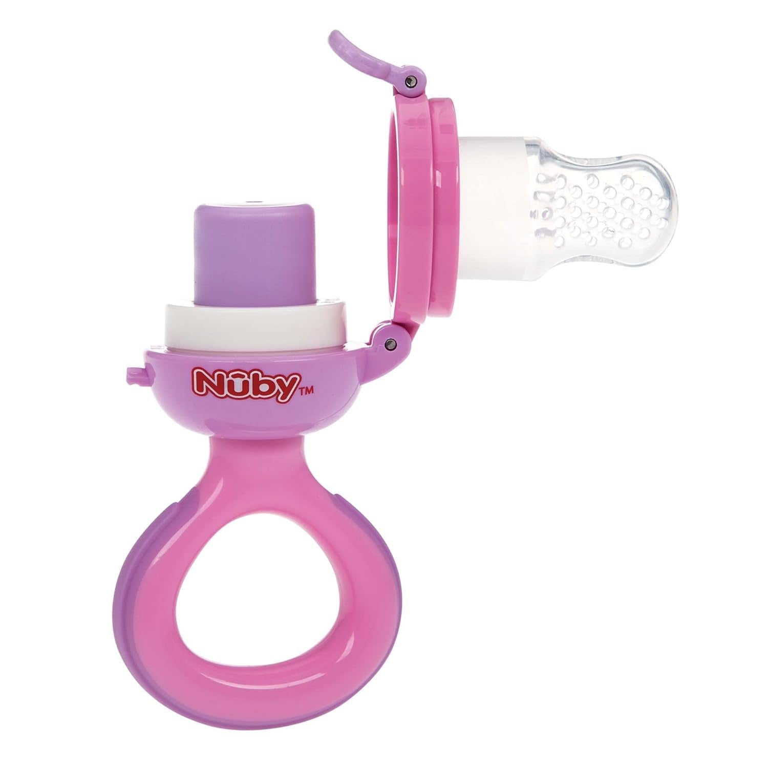 Nuby Mangeoire à Fruits en Silicone - Mangeoire à Fruits pour Bébés de 6 Mois et Tout-Petits - Anneau de Dentition pour Fruits, Légumes et Purées - Sans BPA - Rose - 6+ Mois