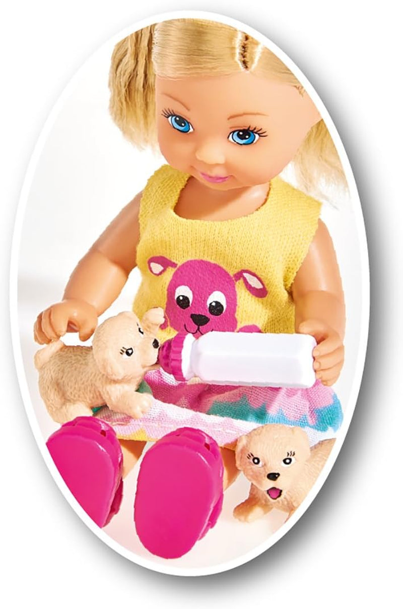 Simba 105733041 - Evi Love Puppy Love, cu TREI căței, cu coșuleț pentru câini și accesorii, păpușă de modă, 12 cm, pentru copii cu vârsta de 3 ani și peste