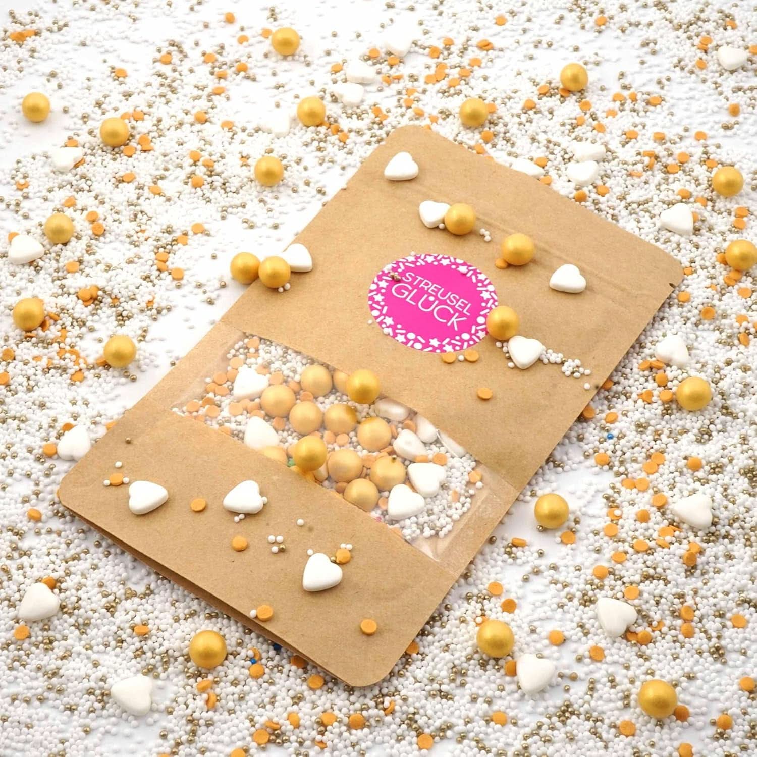 Streusel Glück, Sprinkles aux coeurs blancs et boules dorées, 40 grammes Sprinkles Naty Shop