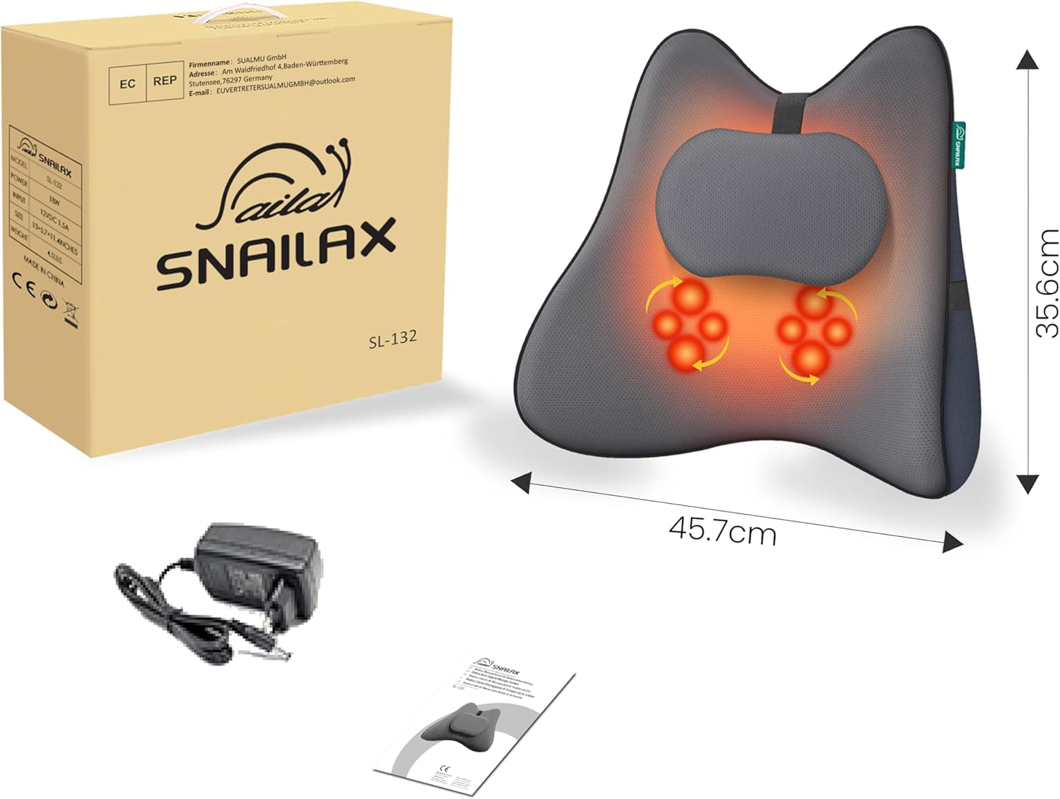 Snailax Oreiller de soutien lombaire ergonomique avec massage et chaleur, oreiller de dos Shiatsu en mousse à mémoire de forme, coussin de siège avec 3 intensités de massage | 2 niveaux de chaleur | 3 minuteries | position assise confortable