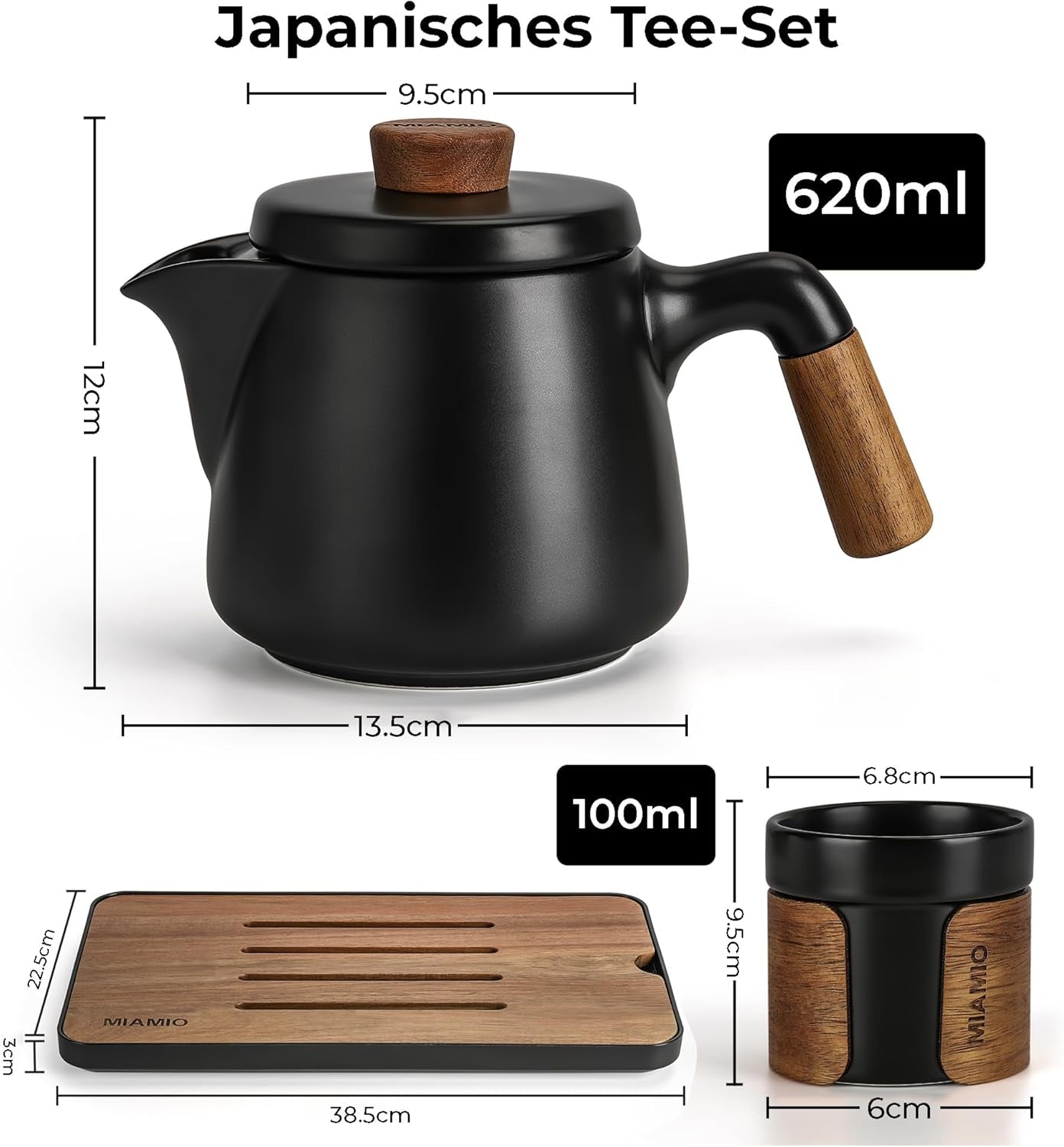 MIAMIO - Service à thé japonais/chinois 6 x 100 ml / Théière asiatique 620 ml avec infuseur à thé, ensemble de théière japonaise traditionnelle pour les amateurs de thé/hommes/femmes (noir)