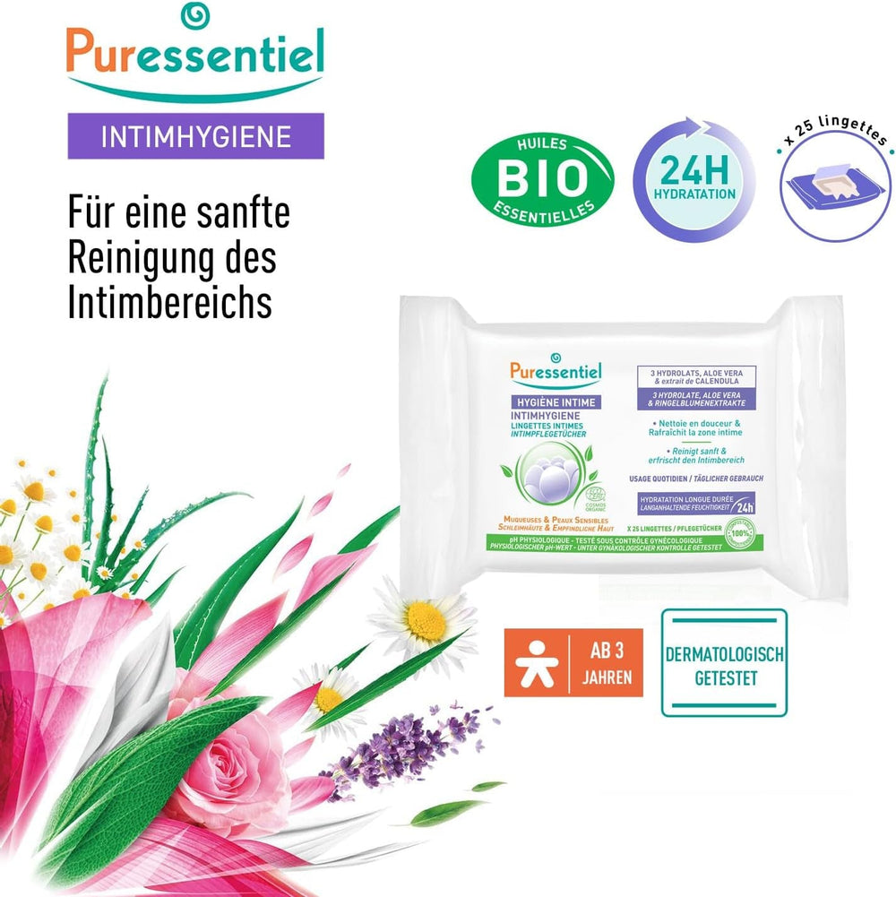Puressentiel - Hygiène intime - Lingettes intimes - Nettoyantes et rafraîchissantes - Muqueuses et peaux sensibles - Hydratation longue durée 24 heures - Pour un usage quotidien - X25 pcs.