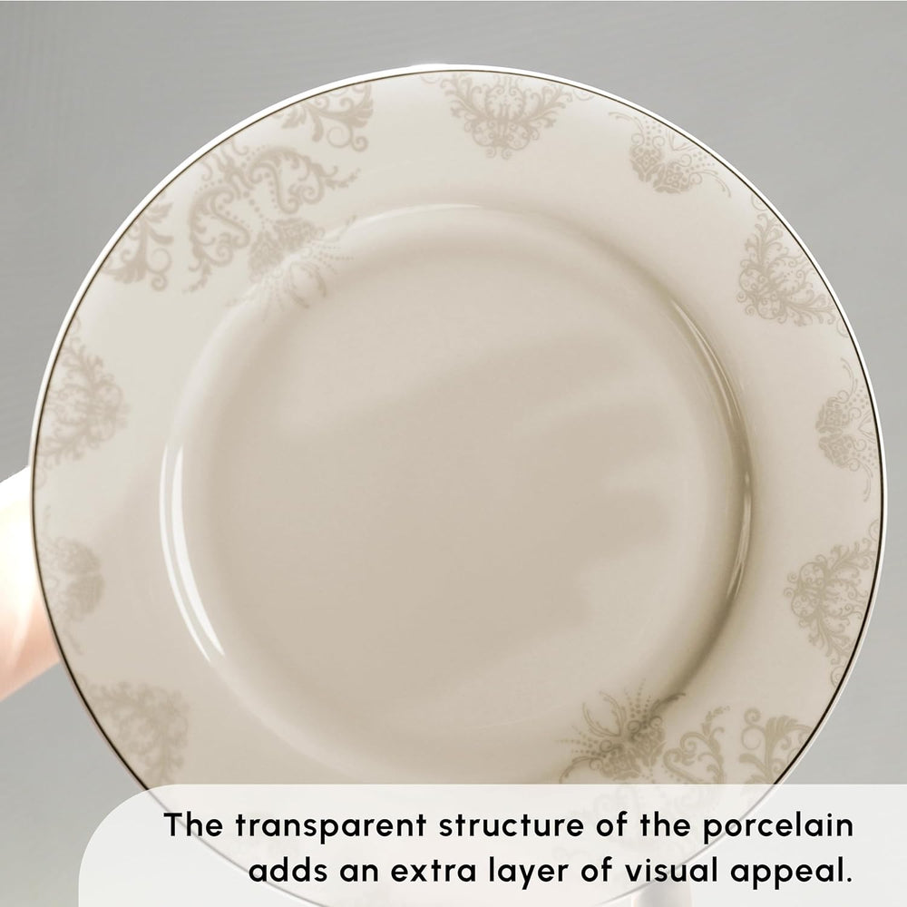 Karaca Elegance Bone Siena - set de veselă pentru 12 persoane, set modern de farfurii din porțelan, set de veselă cu boluri pentru supă, platou de servire, farfurii adânci, farfurii pentru desert - alb și auriu