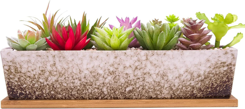 Ghivece ceramice pentru suculente, 30 cm, moderne, lungi, dreptunghiulare, recipient pentru flori cu tavă, cutie plată pentru cactus și bonsai cu drenaj, pentru uz interior și exterior, decorațiuni interioare