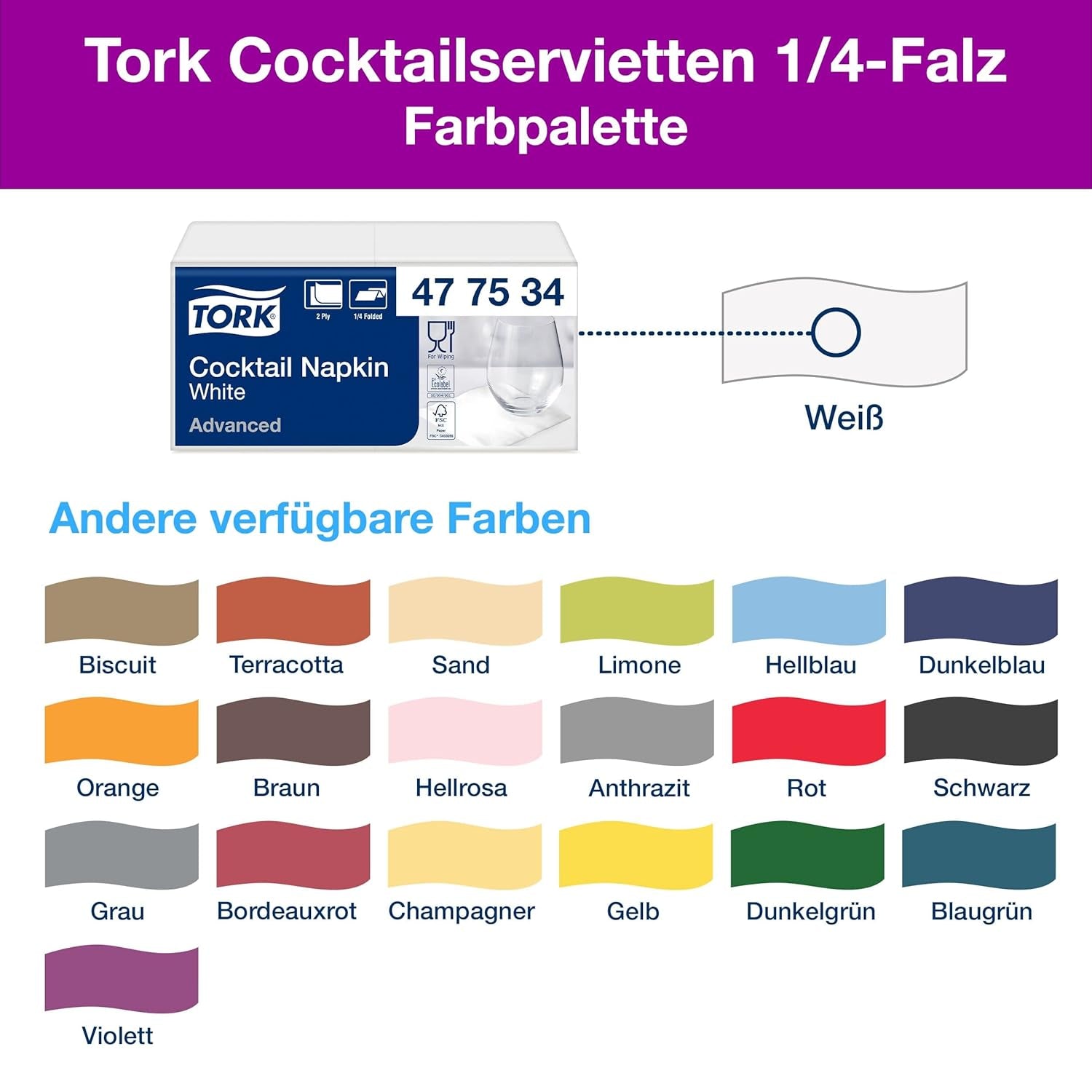 Serviettes Tork Cocktail blanches, pli 1/4, 2 épaisseurs, 24 cm × 24 cm, 200 serviettes, 477534