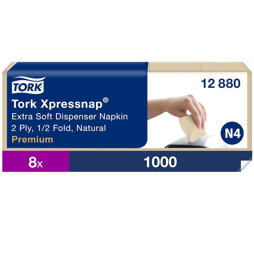 Serviettes distributrices Tork Xpressnap Extra Soft Nature N4, Premium, 1/2 x 2 épaisseurs, 21,3 cm x 16,5 cm, 8 × 1 000 serviettes, 12880