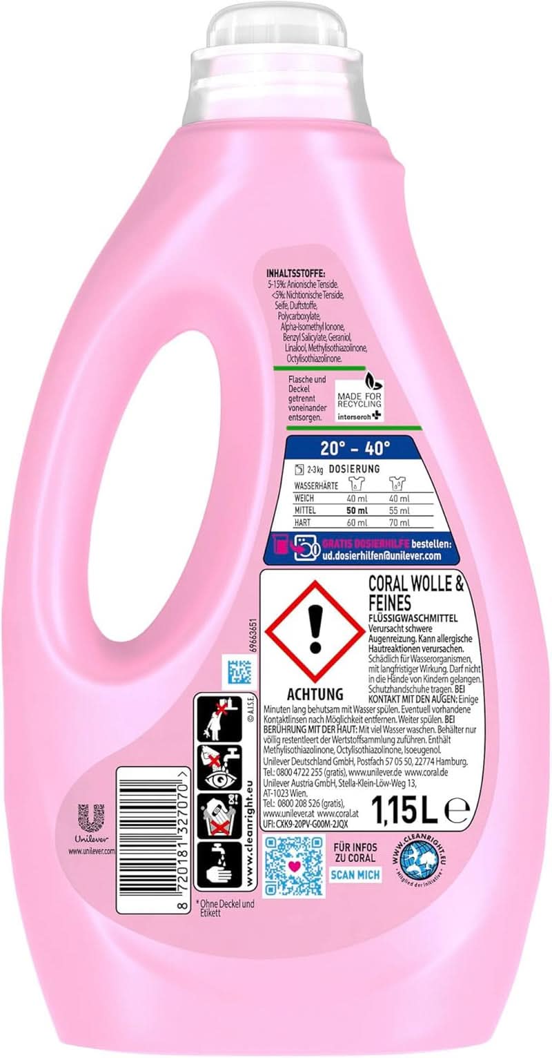 Lessive liquide délicate corail pour laine et linge délicat, 23 lavages, 1,15 litre Détergents à lessive Naty Shop
