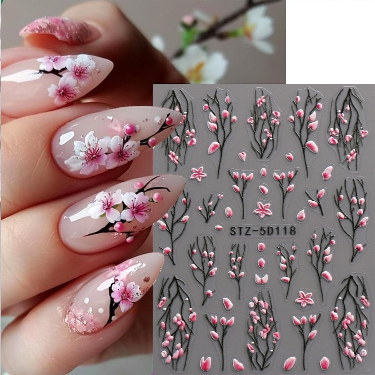 JMEOWIO 3D Nail Art Autocollant Fleur Nail Art Autocollant Selbstklebend Nagelaufkleber 5D Stéréoscopique Frühling Sommer Floral Décoration Nageldesign Zubehör 4 Blatt