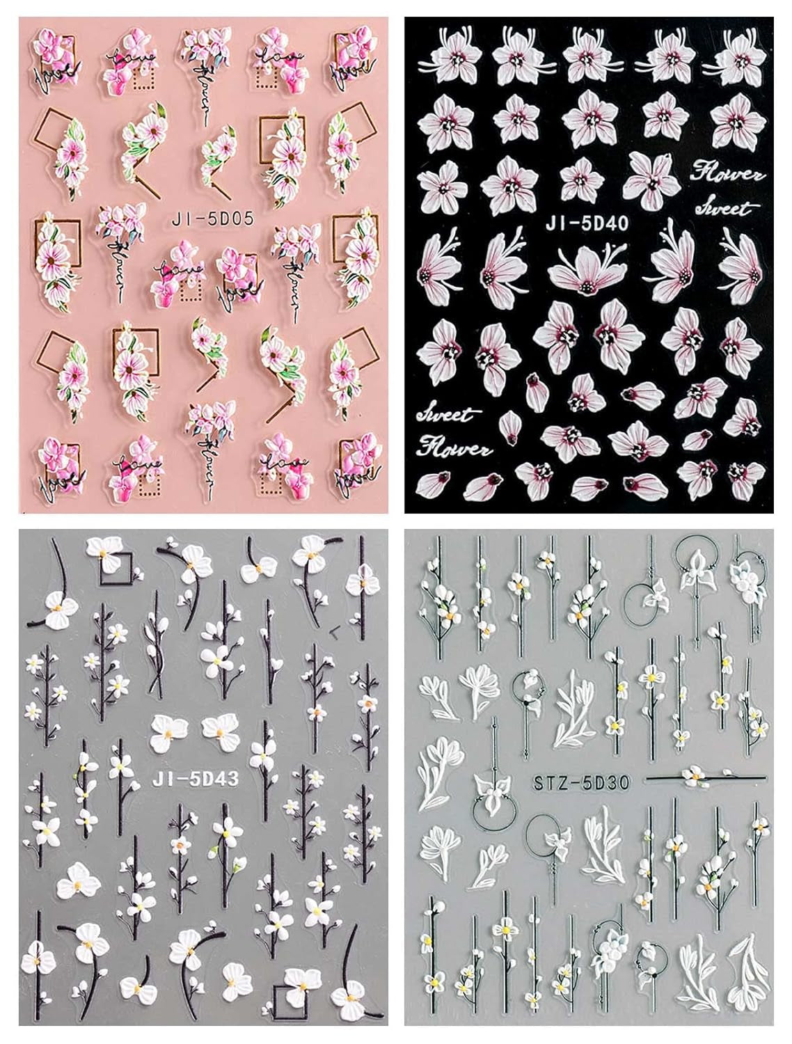 JMEOWIO Autocollants de manucure 3D pour ongles, fleurs, autocollants pour nail art, autocollants auto-adhésifs, bandes stéréoscopiques 5D, décoration de fleurs d'été, design de manucure, 4 feuilles