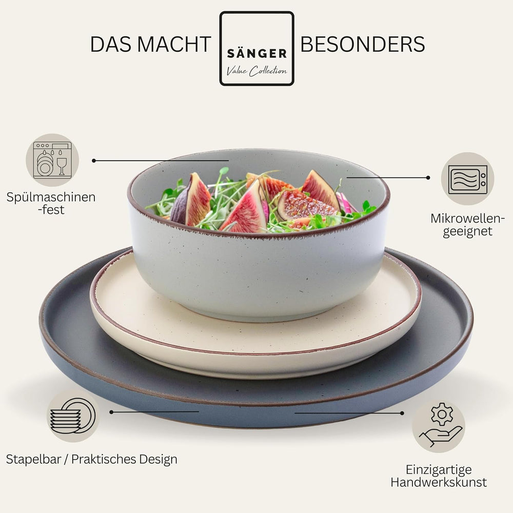 SÄNGER Bombay Clair de Lune | Service de table en céramique 12 pièces pour 4 personnes, 4 assiettes plates, 4 assiettes à dessert, 4 bols, couleurs assorties | LA COLLECTION VALEUR