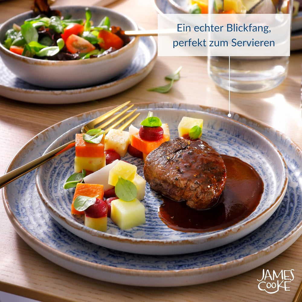 Azure Service de table vintage en grès pour 6 à 24 pièces – Rayures blanches et bleues, surface en relief – Passe au lave-vaisselle, au four et au micro-ondes