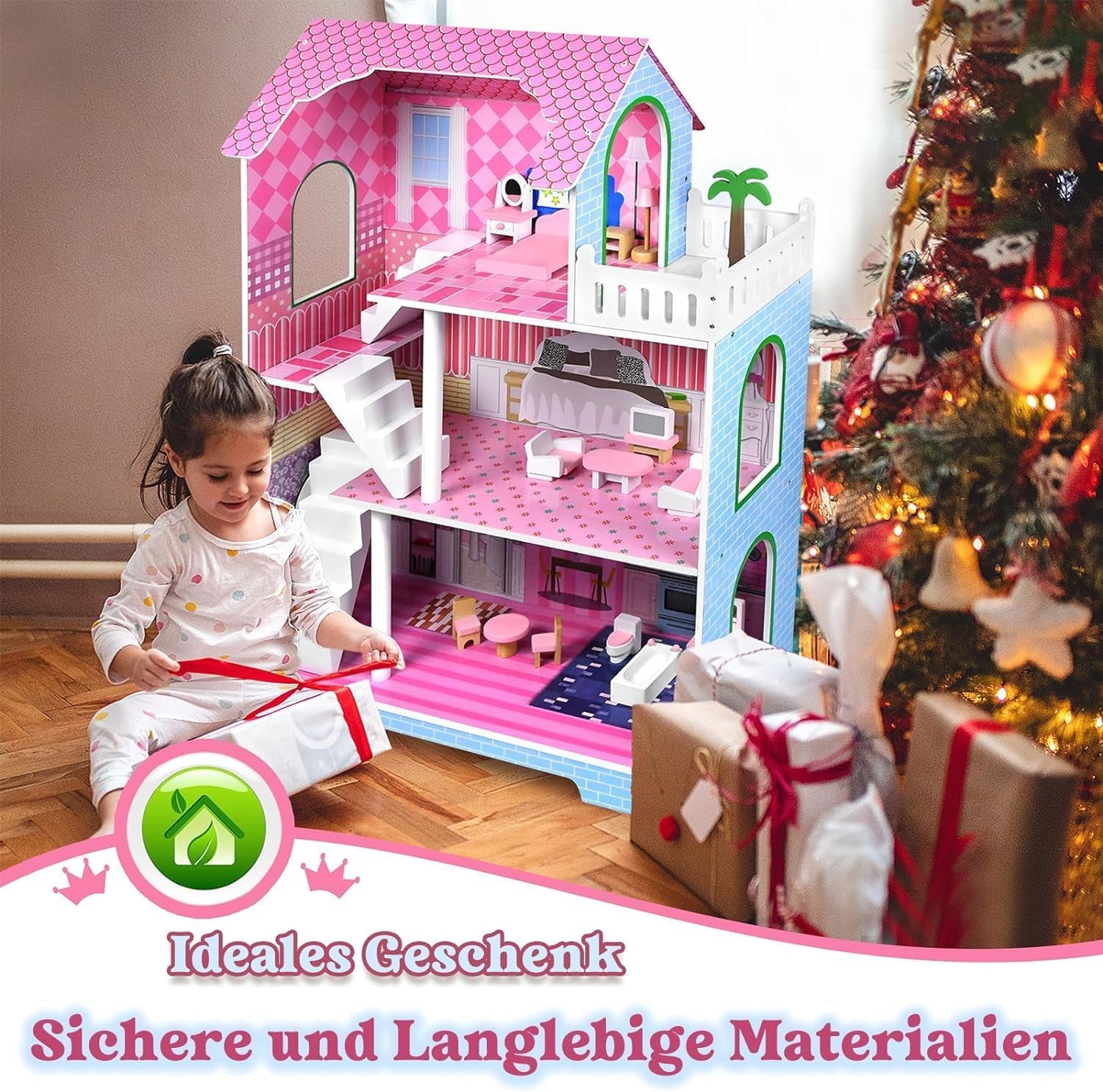 HENGMEI Puppenhaus Kinder Holz Puppenvilla Dollhouse Set Mädchen Spielset 3 Etagen House mit Möbeln und Zubehör, 70x30x100cm Puppenhäuser für Kinder (Typ B)