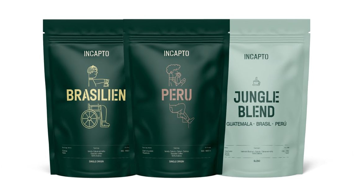Forfait Spécial Café Incapto au Lait | Grains de café spéciaux, naturels | Cafés du Brésil, du Pérou et du Guatemala | Café Spécial +80 Points SCA | 3 paquets de 500 g chacun