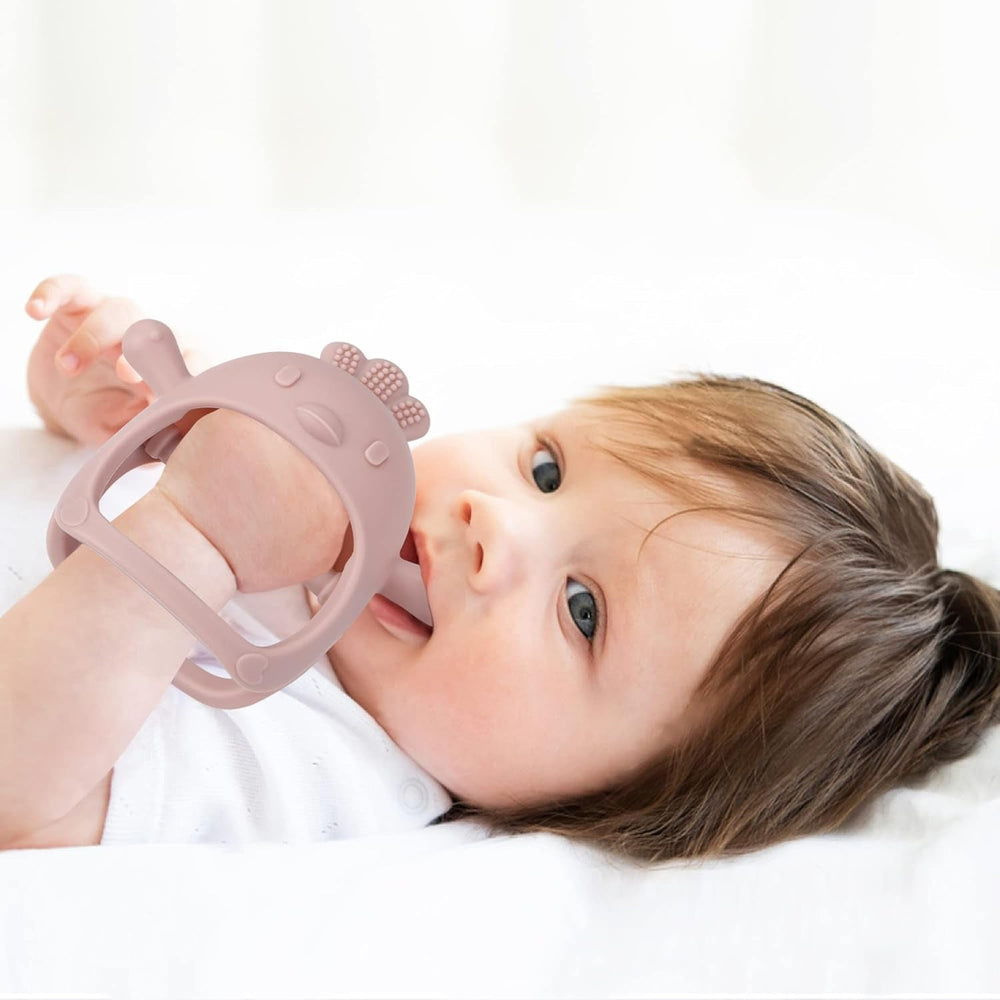 PandaEar Jouet de dentition en silicone pour bébé | Gant de dentition suggéré | Sucette à mâcher pour soulager la douleur (blanc/rose)