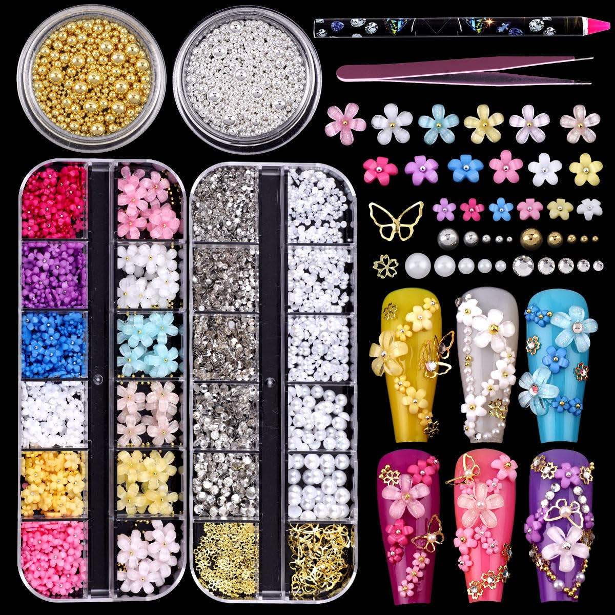 GZMAYUEN 920 pièces perles à dos plat or argent pour ongles, perles à ongles demi-brun blanc beige, petites perles à dos plat demi-brun pour décoration d'art d'ongle bricolage