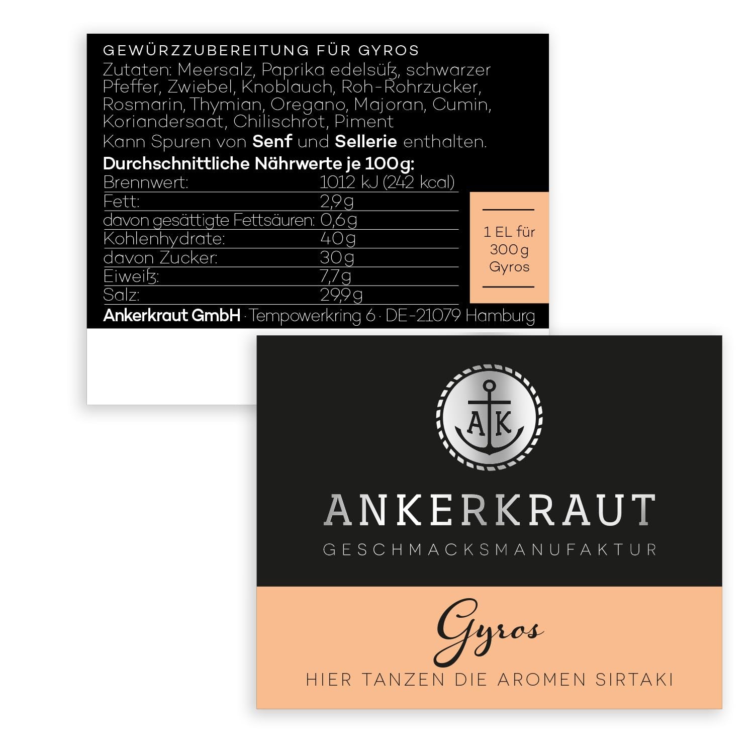 Ankerkraut Gyros, Gewürzmischung für Gyros, également sur la Pfanne ou sur le Grill, avec Zwiebel, Knoblauch, Marjolaine, Cumin, Piment et plus, 80 g dans Korkenglas