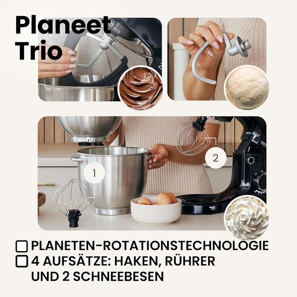 Robot planétaire ZEEGMA PLANEET TRIO, 1500 W, machine de cuisine multifonction avec 3 brûleurs 4 L, 4,5 L et 5,2 L, 10 vitesses de cuisson, mélangeur avec haken, Schneebesen (noir) Mother and Child Naty Shop