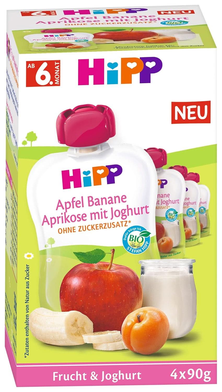 Hipp Fruits et yaourt bio pomme banane abricot au yaourt 4 x 90 g, paquet de 4 (4 x 4 x 90 g) Mère et Enfant Naty Shop