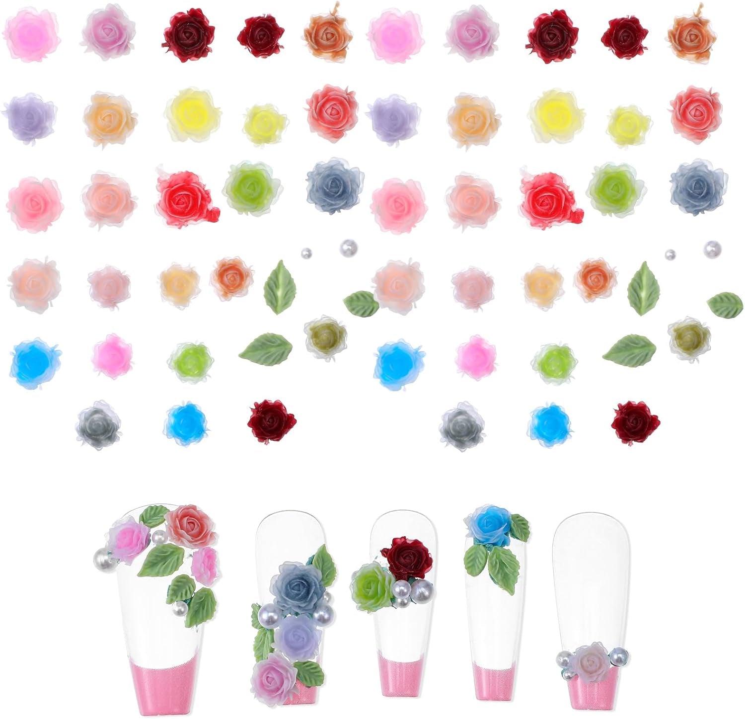 300 Stück Niedlich Blume Nail Charms, 3D Harz Floral Kamelie Rose Nägel Charms Mit Perle, Gemischt Größe Bunte Flower Nägel Deko Für Frauen Nail Art Zubehör