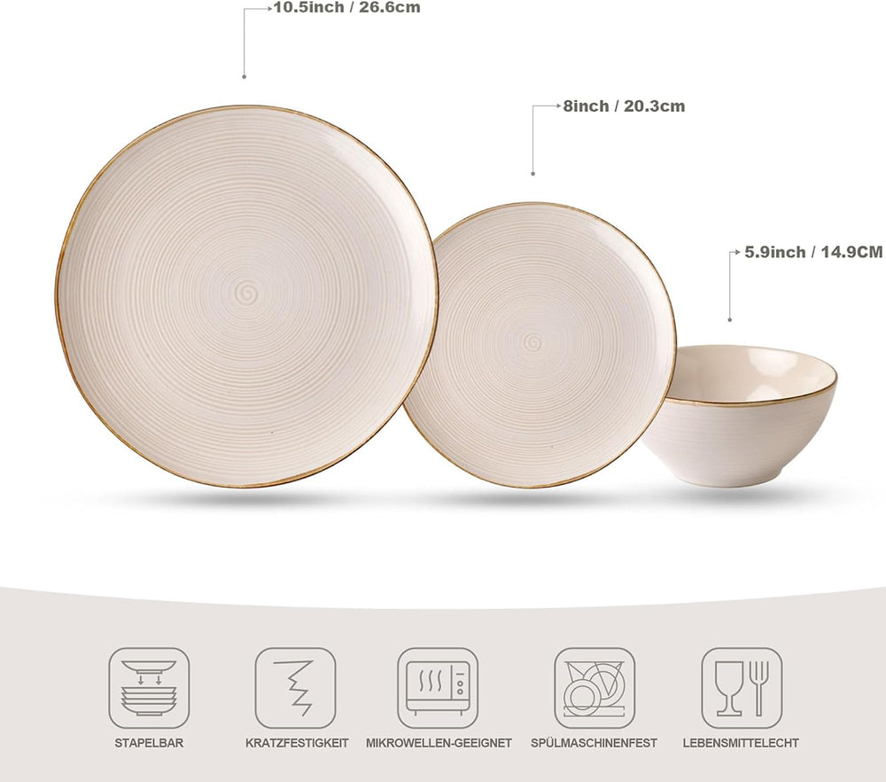 Service de table de la série Tempus, service de table pour 6 personnes, service de table en grès, service de table 18 pièces, vernis réactif, passe au micro-ondes et au lave-vaisselle, blanc antique