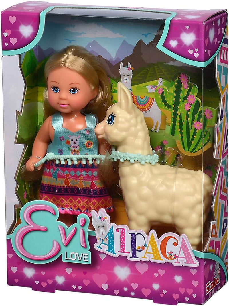 Simba 105733497 - Poupée d'amour Evi dans une jolie tenue d'alpaga et une laisse, 12 cm, pour enfants de 3 ans et plus