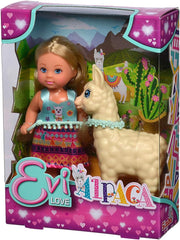 Simba 105733497 - Poupée d'amour Evi dans une jolie tenue d'alpaga et une laisse, 12 cm, pour enfants de 3 ans et plus