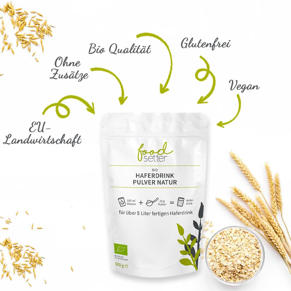 foodsetter Bio Haferdrink Pulver | Sachet de 500g | Poudre de Hafer | Haferpulver instantané | Bio-qualité | Végétalien | Sans gluten | Ohne Zuckerzusatz | 0,5 kg
