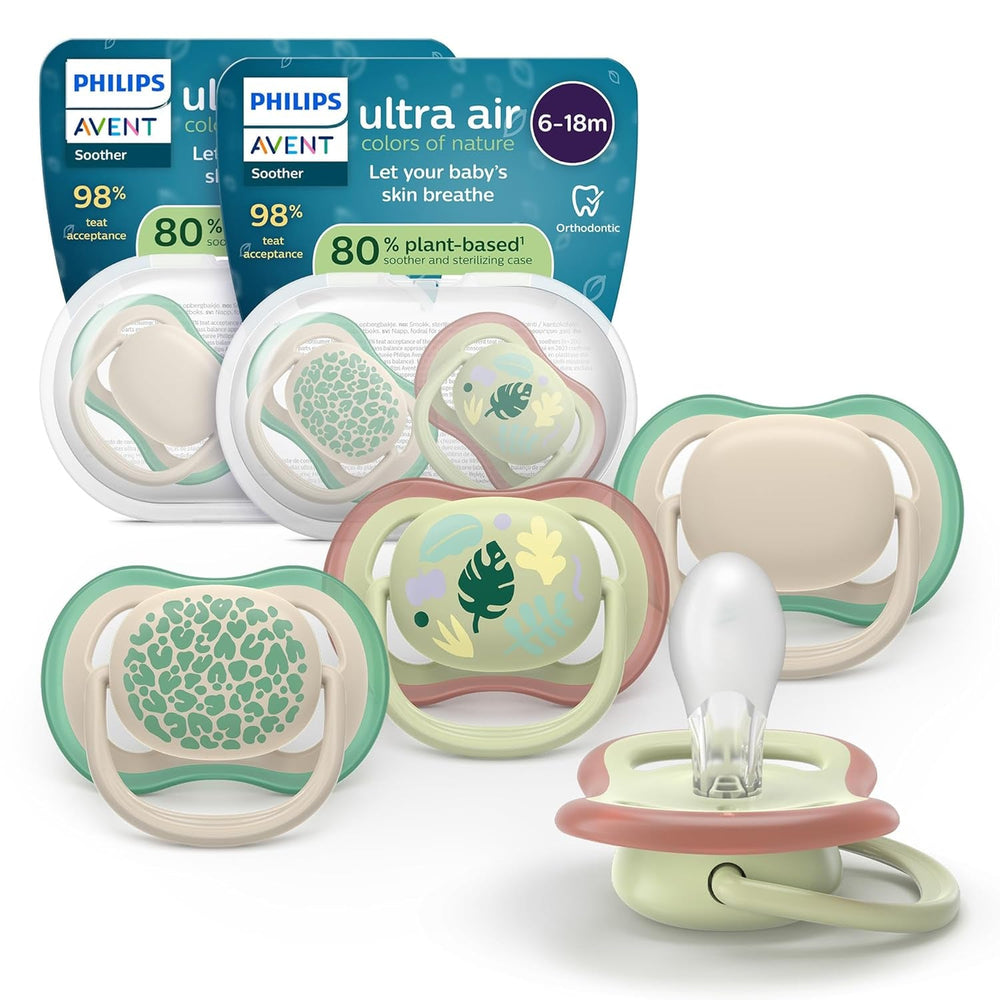Sucettes Philips AVENT ultra air - pack de 4 sucettes respirantes sans BPA pour bébés de 6 à 18 mois, comprenant étui de transport et stérilisation, motif tortue/baleine (modèle SCF085/66)