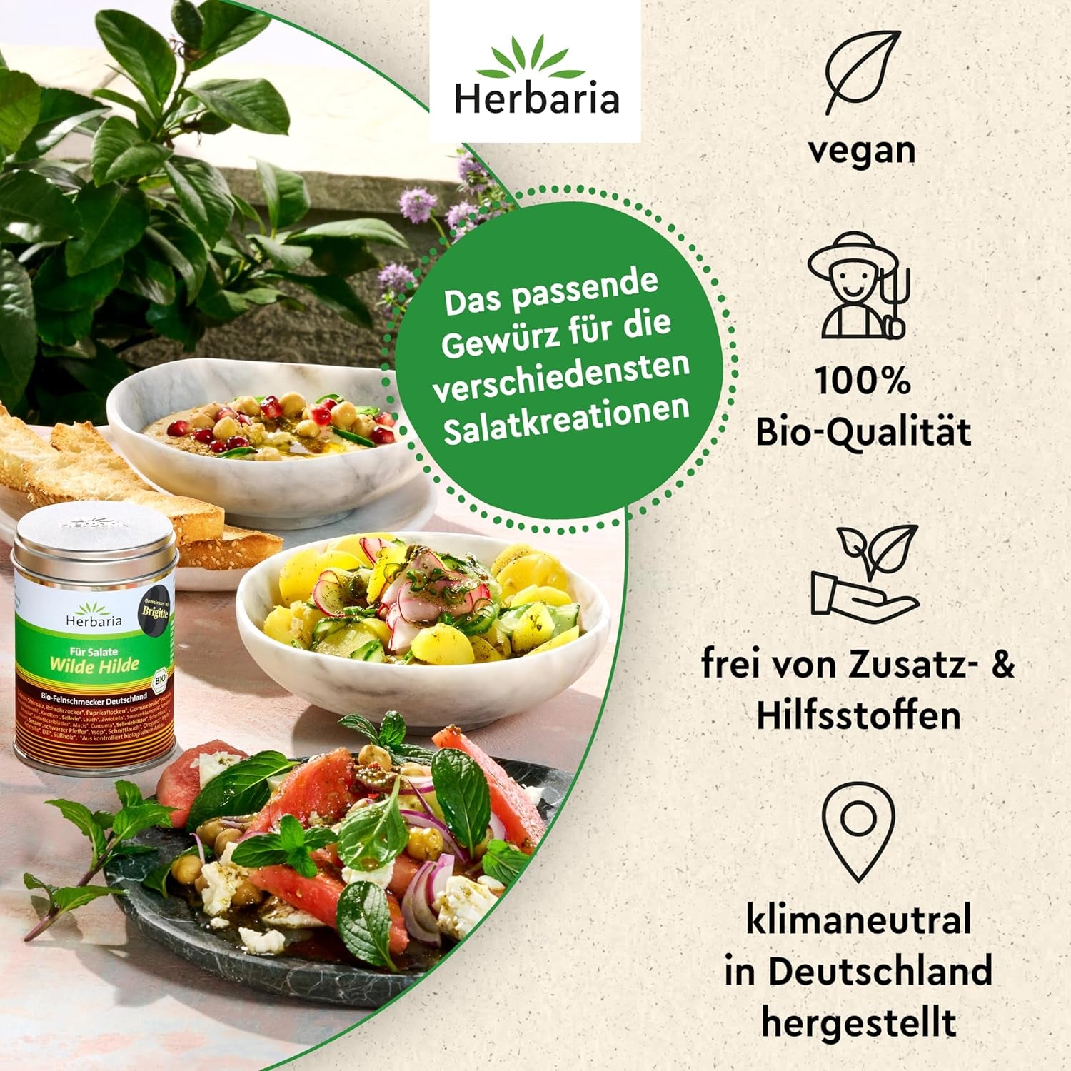 Herbaria Wilde Hilde bio 100g M-Dose-fertige Bio-Gewürzmischung - Saladewürz für ausgefeilte Salade - with erlesenen Ingredient - in nachhaltiger Aromaschutz-Dose
