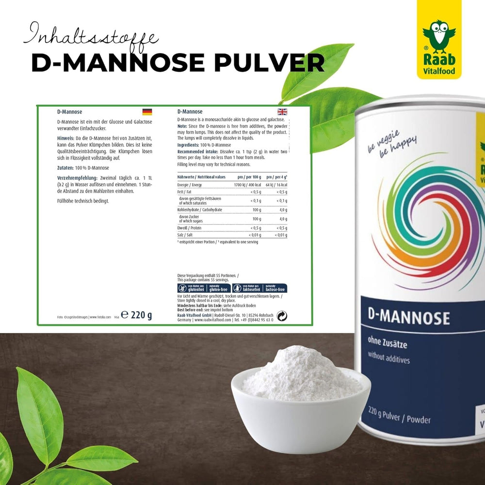 Raab Vitalfood® D-Mannose Powder (220 G) - Sans sucres ajoutés, végétalien, sans gluten, sans gluten, sans sucre dans la dose, emballage avant, 100 % D-Mannose (sans gluten) Édulcorants Naty Shop