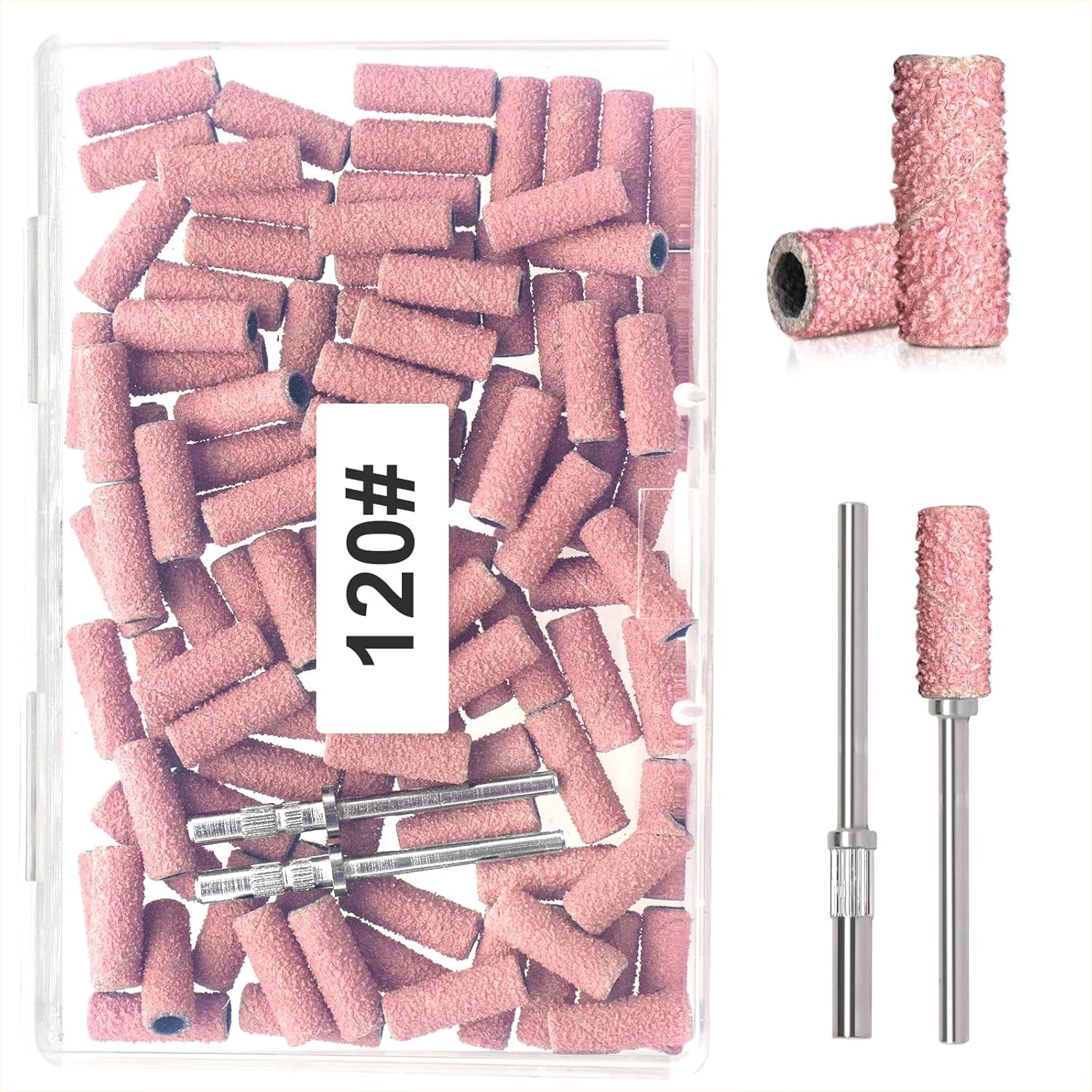 BLESWIN 100 petites bandes abrasives pour forets à ongles, grain fin 240 avec 2 forets de 3 mm, mini bandes abrasives pour polir les ongles naturels et nettoyer les cuticules pour la préparation, rose