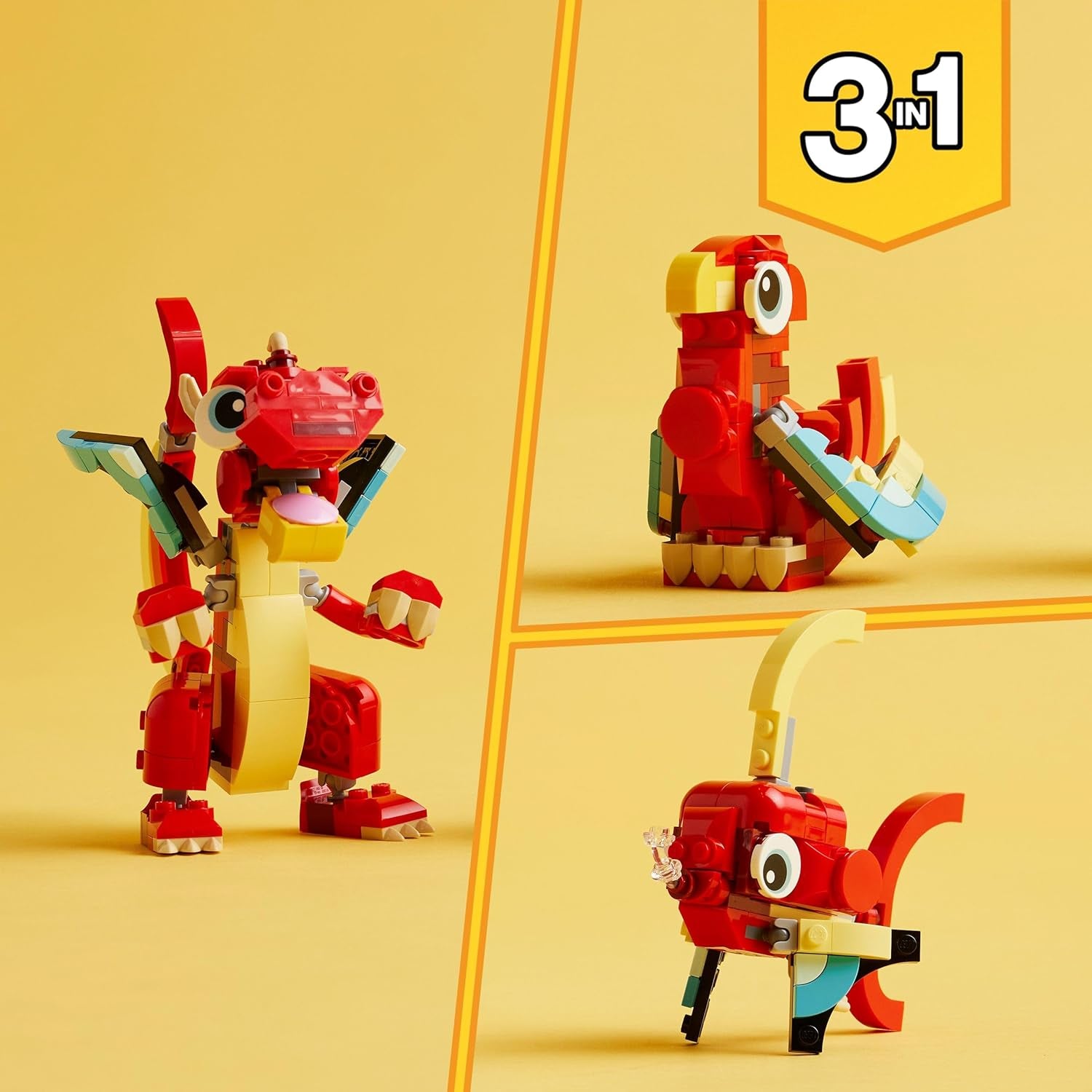 LEGO Creator 31145 Jouet dragon rouge 3 en 1 avec figurine de poisson et modèle d'oiseau phénix, ensemble de figurines d'animaux, cadeaux pour garçons, filles et enfants de 6 ans et plus 31145