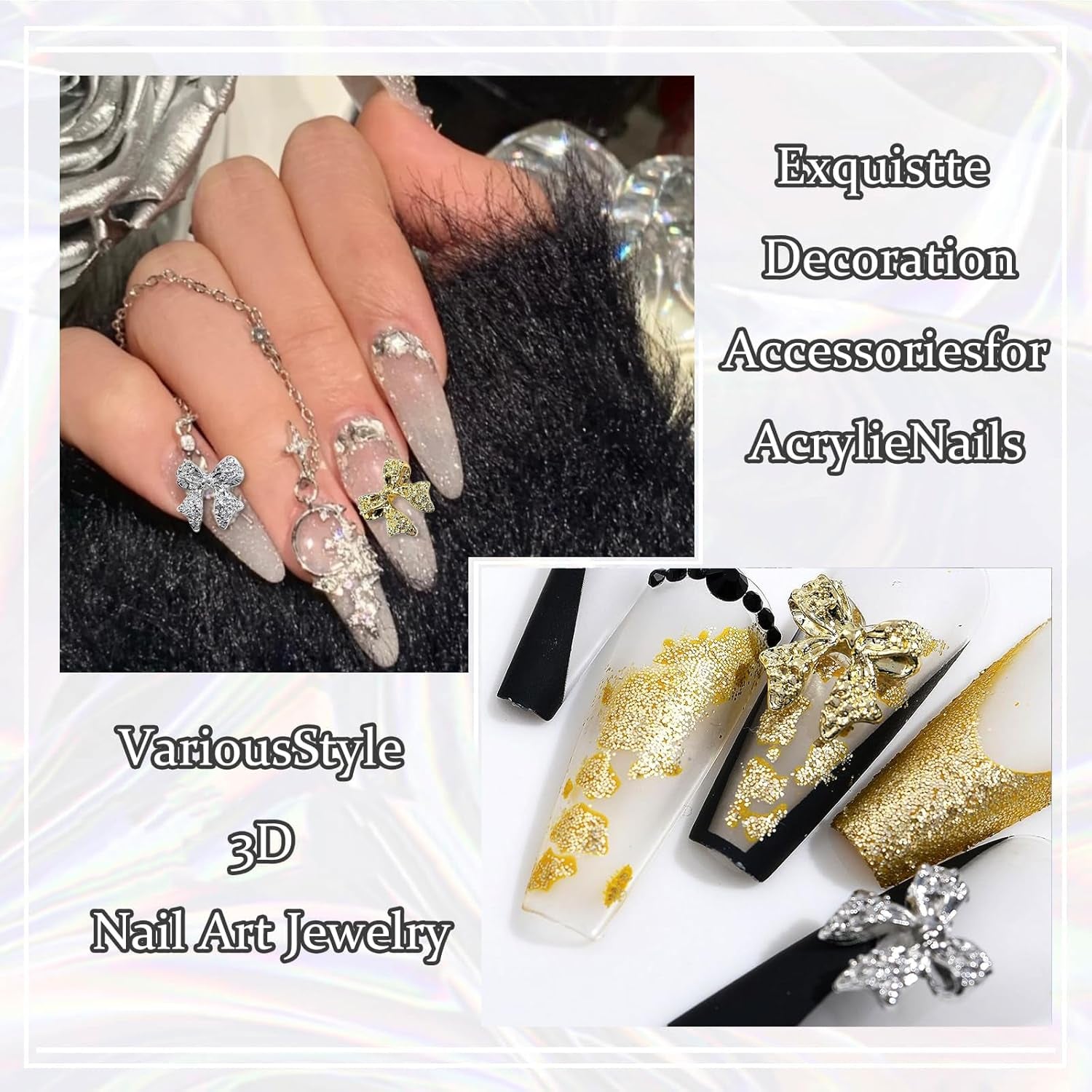 30 de bucăți de funde metalice pentru unghii, funde aurii, argintii și gri, accesorii pentru unghii, decorațiuni pentru unghii pentru femei și fete, design de unghii artizanal