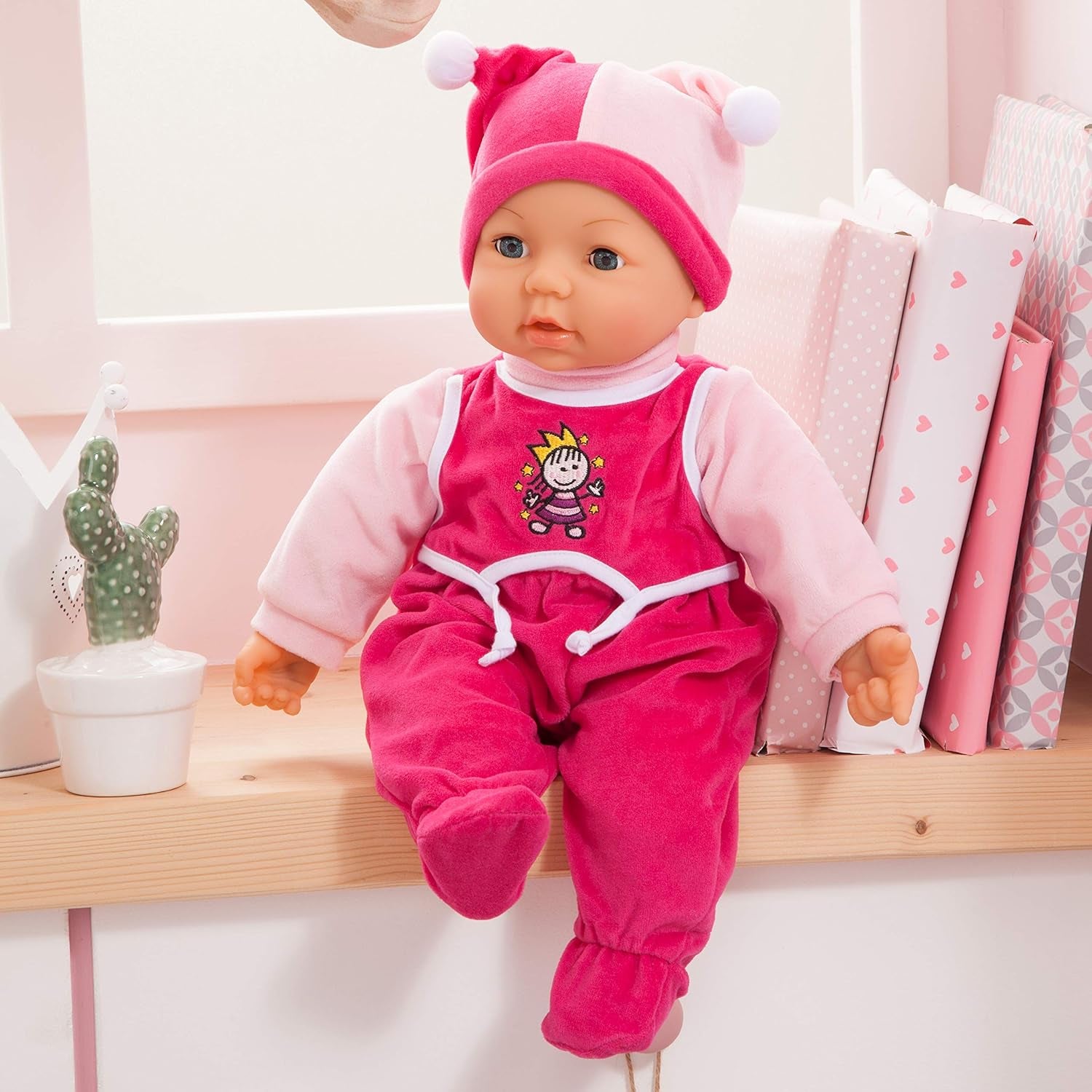 Funktionspuppe Hello Baby mit Geräuschen, bewegt den Mund, poupée interactive, Babypuppe, avec accessoires, 46 cm, rose