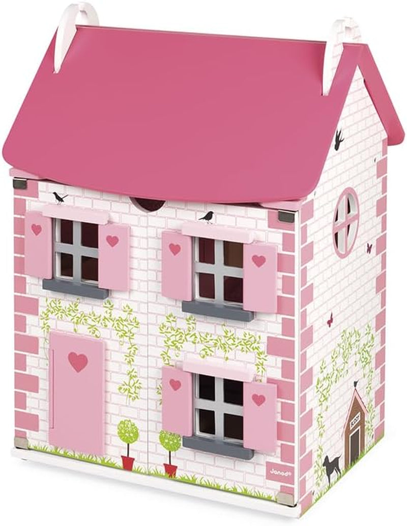 Janod - Maison de poupée en bois Mademoiselle, 3 étages et 11 accessoires, réplique de jouet, développe l'imagination, à partir de 3 ans, J06581, rose Naty Shop Dollhouses