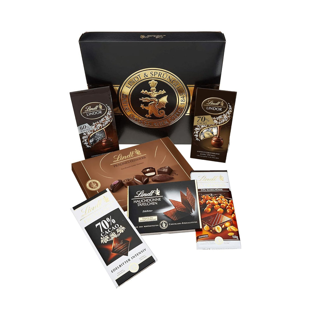 Ensemble de chocolat noir Lindt | 847g | Coffret de 6 spécialités de chocolat noir Lindt (barres, LINDOR, pralines) du mi-sucré à extra noir | Colis en vrac | Cadeau chocolat