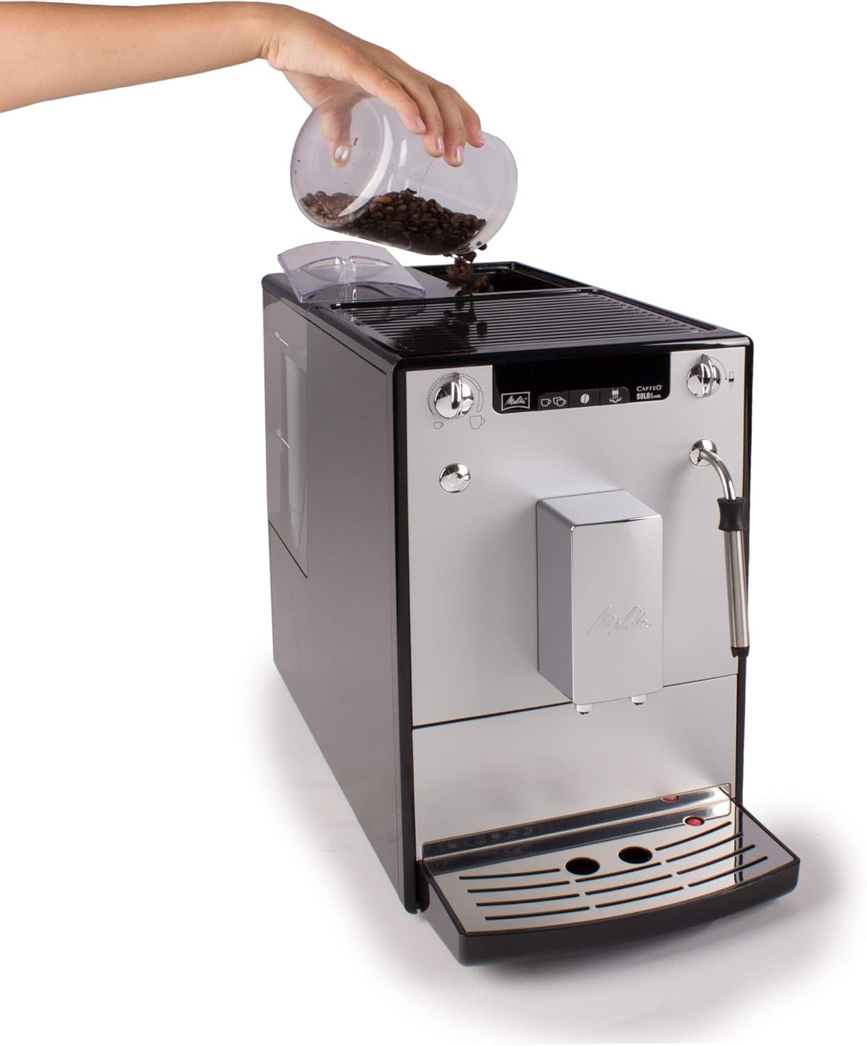 Melitta Solo & Milk - Machine à café fine entièrement automatique avec mousseur à lait, machine à café avec réservoir d'eau amovible, par ex. café ou cappuccino, argent