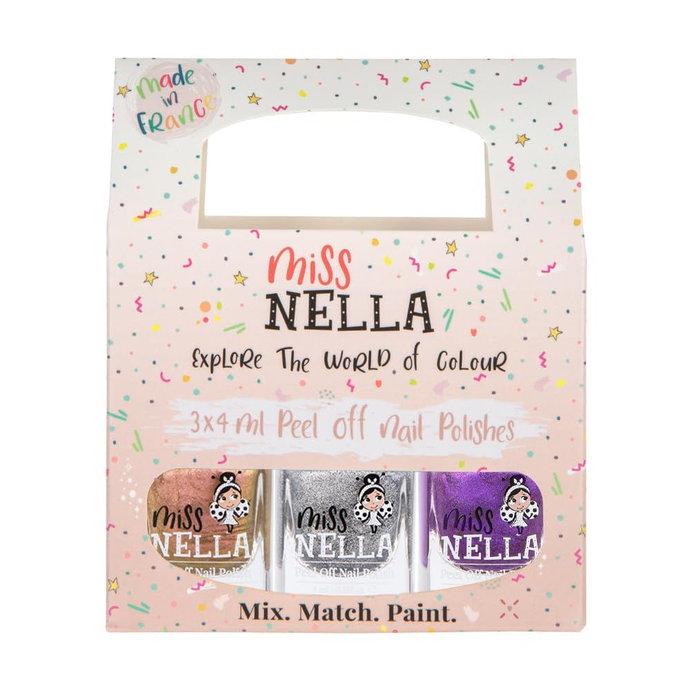 Miss Nella Magic Collection Lot de 4 vernis à ongles pailletés : rose, rouge, or et bleu, vernis à ongles amovible spécial enfants, non toxique, à base d'eau, sans odeur