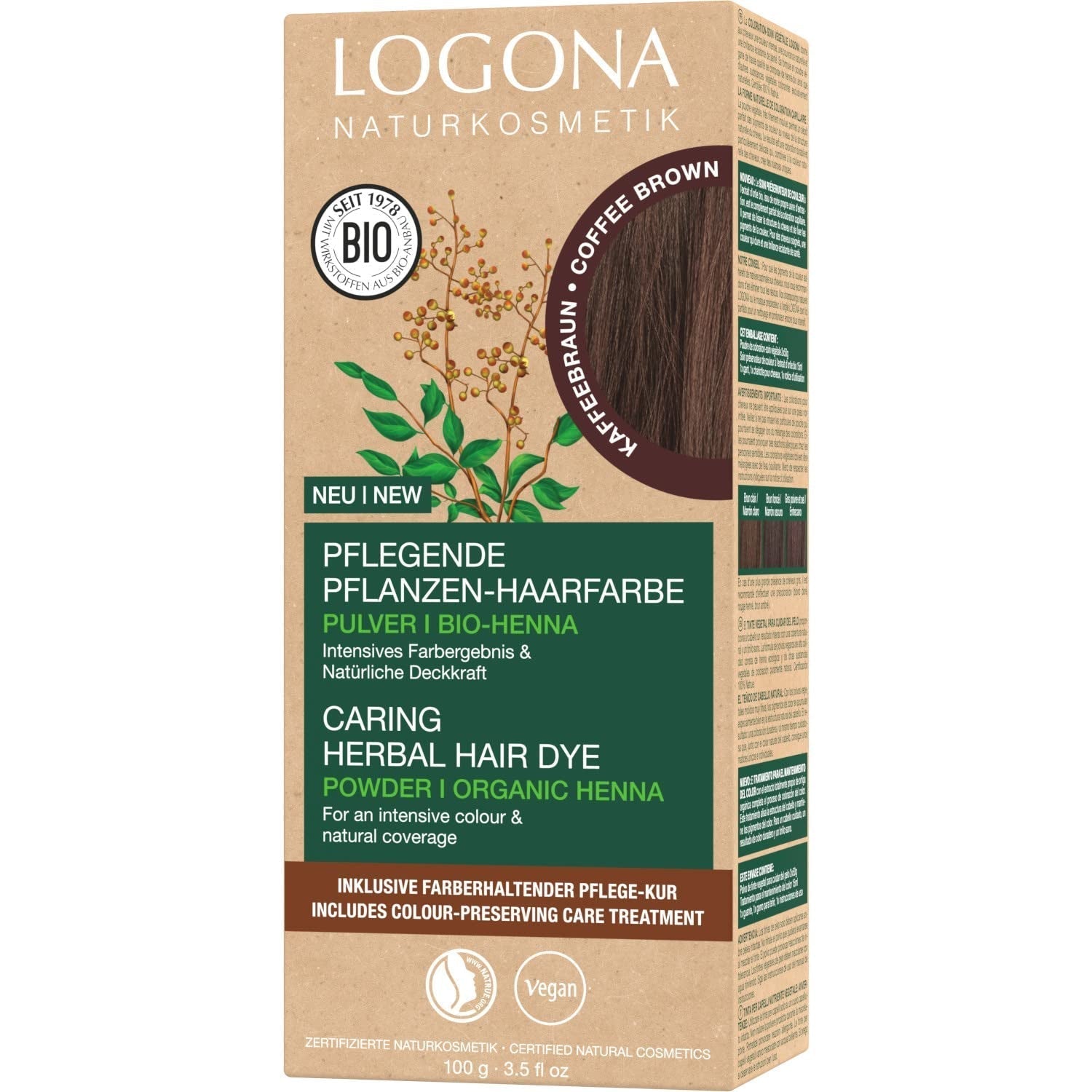 LOGONA Natural Cosmetics Teinture capillaire nourrissante à base de plantes, poudre de henné biologique, teinture capillaire végétalienne pour une couleur et une brillance intenses, teinture capillaire à base de plantes en blond cuivré (blond), 1 x 100 g Naty Shop Coloration capillaire brun café 100 g (1 paquet)