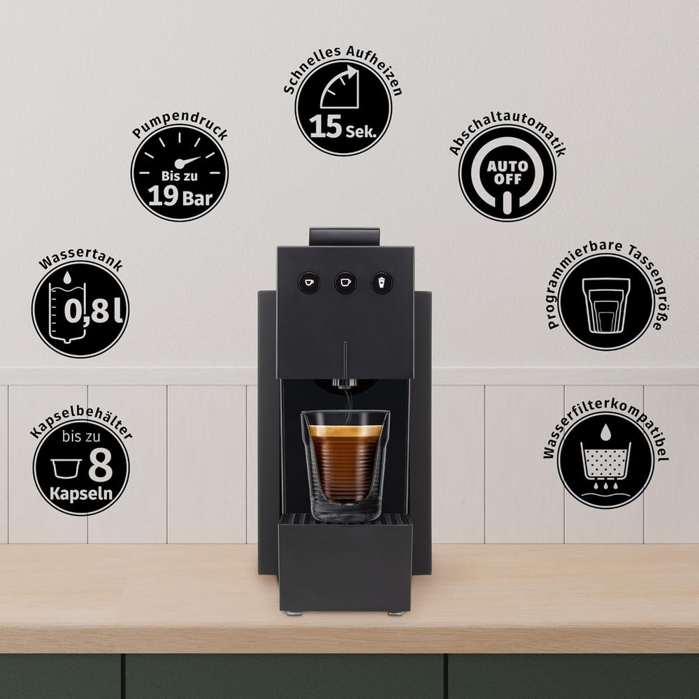 Machine à expresso avec capsules K-FEE SQUARE pour café, thé et cacao | Expresso compact | Chauffage rapide | Réservoir d'eau de 0,8 l | 19 barres | Noir piano