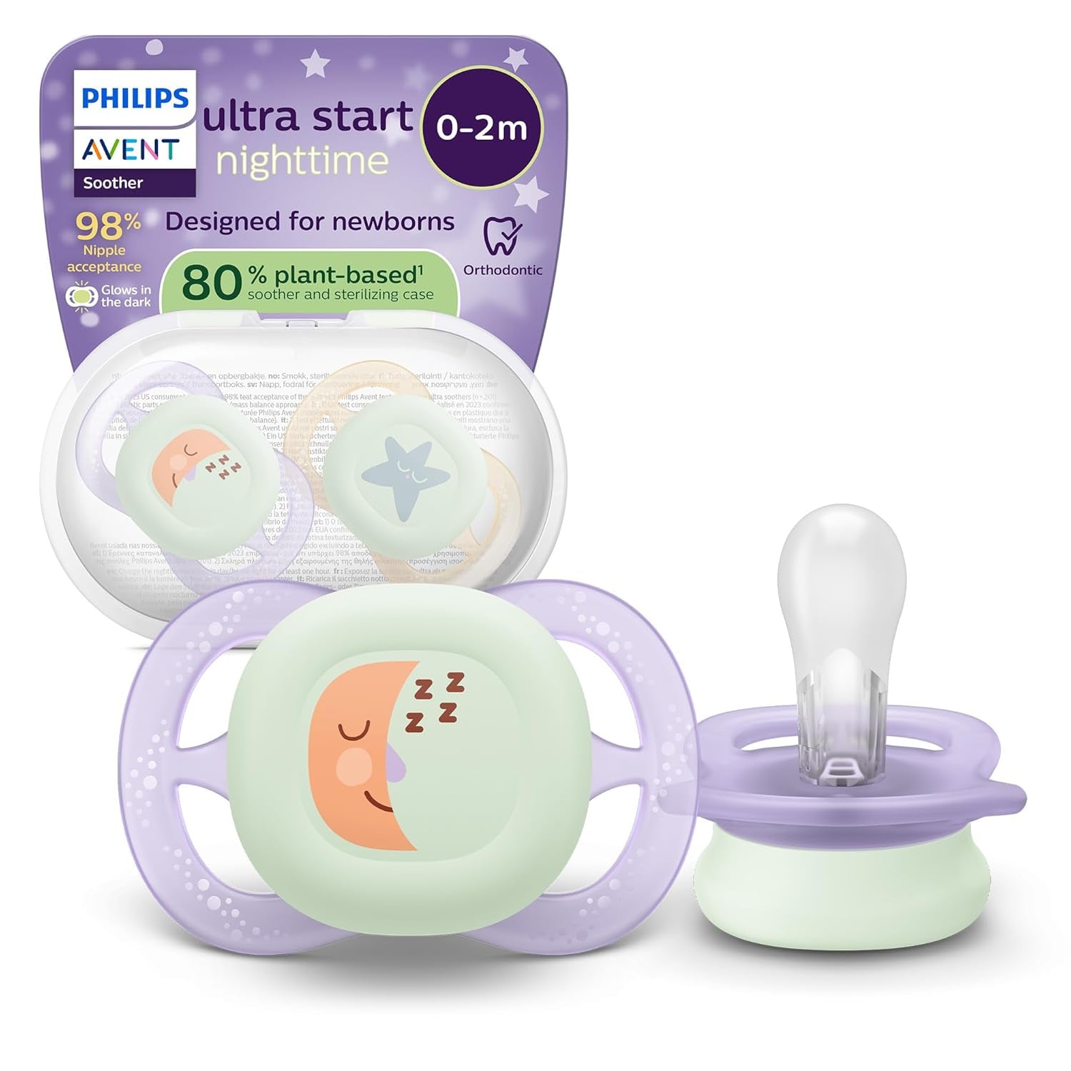 Philips AVENT Ultra Start Night Sucette, Sucette orthodontique pour nouveau-nés, Brille dans le noir, Sans BPA, avec récipient de stérilisation, Lot de 2, Lune, Étoile, SCF075/07