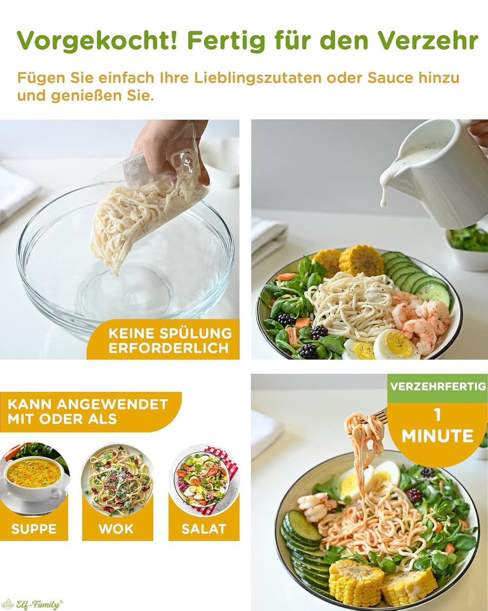 Nouilles Konjac de qualité supérieure de Thaïlande, végétaliennes, sans gluten – 240 g x paquet de 6 (12 paquets), nouilles Shirataki de la famille Elf, nouilles instantanées, pâtes/céto/faible teneur en glucides/faible teneur en calories/sans sucre – Spaghetti et fettuccine
