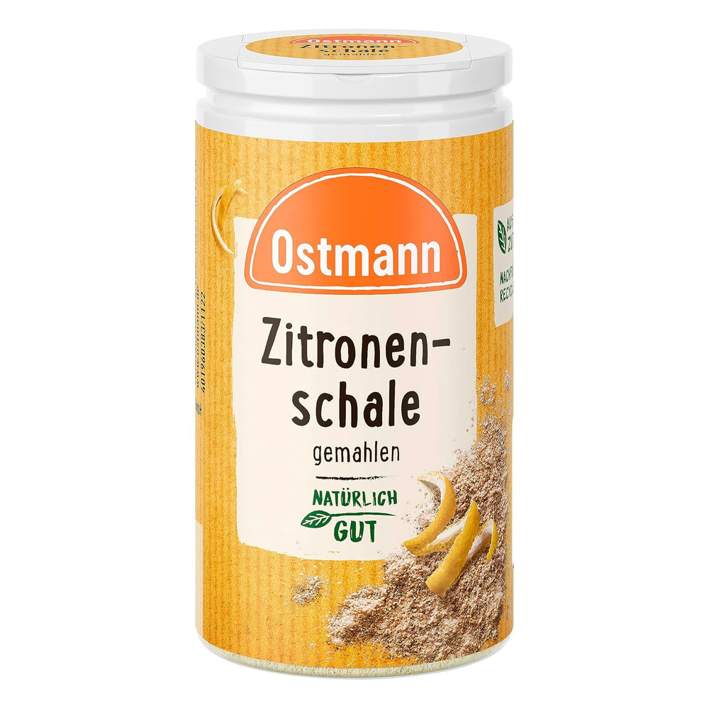 Ostmann Gewürze – Zitronenschale, gemahlene Schale für ein frisches Zitronen-Aroma, zum Backen oder Verfeinern von Soßen, Vinaigrettes et desserts, végétalien, 35 g (Verpackungsdesign kann abweichen)