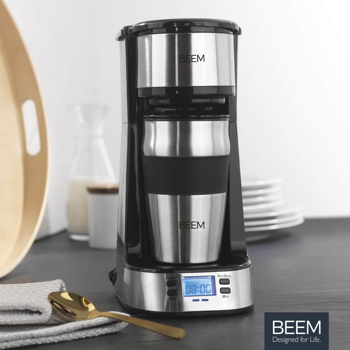 Machine à expresso monofiltre BEEM THERMO 2 GO avec tasse thermique de 0,4 l | Filtre permanent | Avec minuterie de 24 heures pour une tasse de café chaud le matin, pas d'attente | 750 W