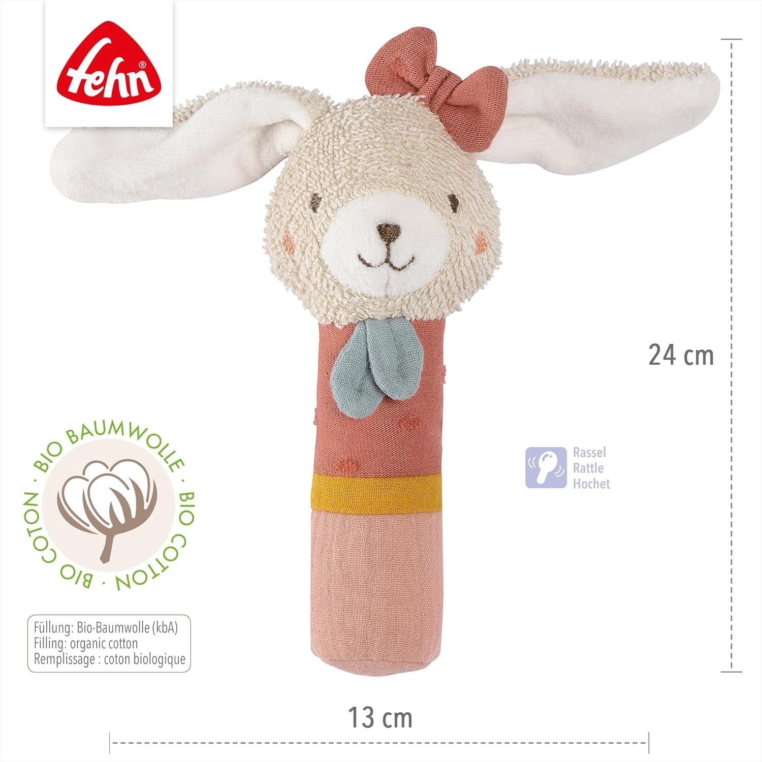 Fehn bâton de préhension pour enfants jouet lapin fehnNatur - jouet d'activité motrice avec hochet pour saisir, câliner - jouet de préhension en coton biologique - jouet pour bébés et jeunes enfants à partir de 0 mois Jouets pour bébés Naty Shop