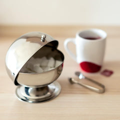 Relaxdays SWEETY Sucrier Inox 14 x 13 x 13 cm (H x L x P) Boule à Sucre avec Couvercle Roulant Boite à Bonbons Ronde Argenté