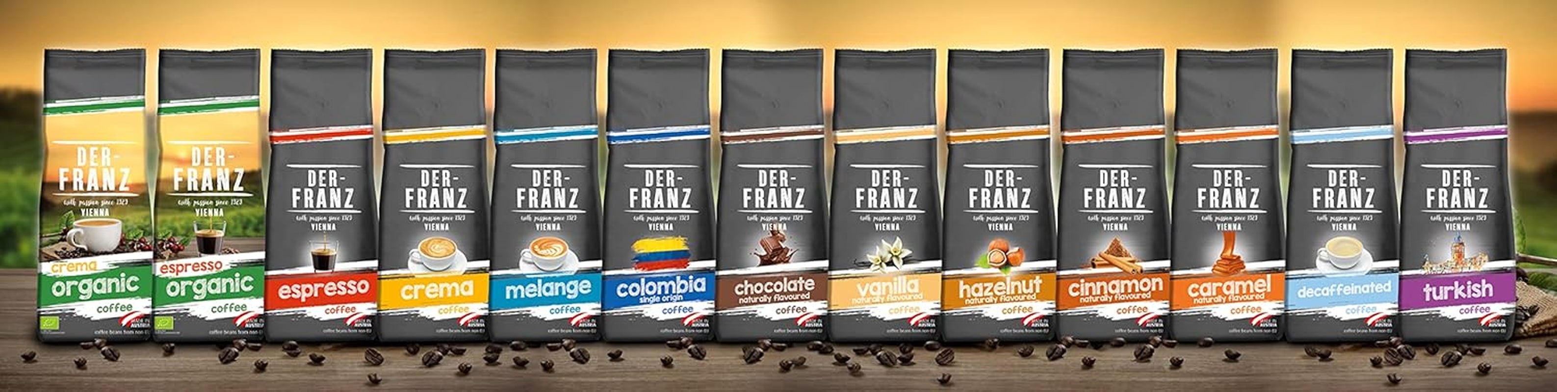 Der-Franz Kaffee Pack, ganze Bohne, aromatisé, 5 x 500 g (1 x Noisette, 1 x Vanille, 1 x Chocolat, 1 x Zimt, 1 x Caramel)