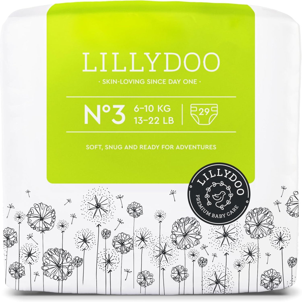 Scutece pentru bebeluși LILLYDOO prietenoase cu pielea - Mărimea 3 (6-10 kg), 29 de bucăți, protecție fiabilă împotriva scurgerilor, moi, fără parfum și fără loțiune pentru pielea sensibilă, testate dermatologic