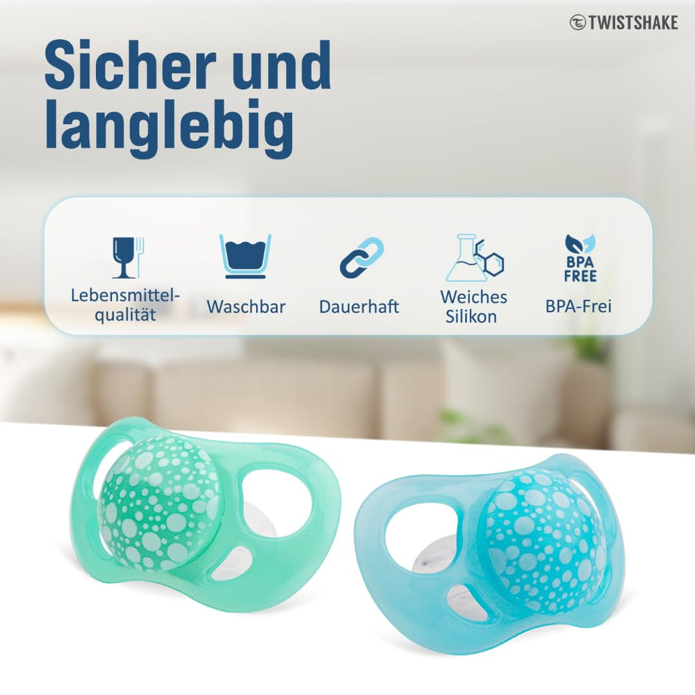 Sucettes pour bébé Twistshake – Paquet de 2 | Forme orthodontique | Ultra-léger | Tétine en silicone souple | Sans BPA | Convient aux bébés à partir de 6 mois | Bleu Vert